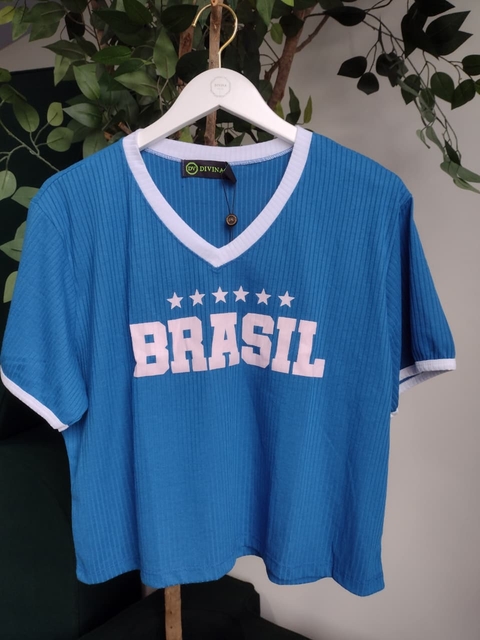 T-SHIRT BRASIL GOLA V-AZUL/BRANCO - comprar online