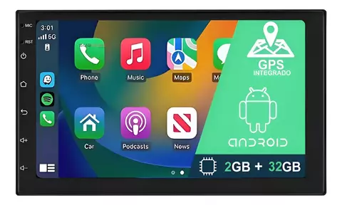 Central Multimídia Android 2gb 32gb 7po Carplay Android Auto Sem Fio Preto