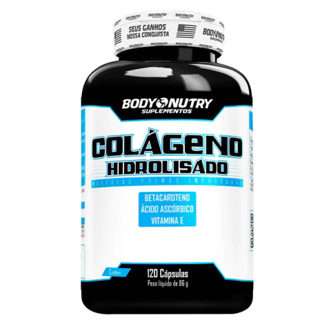 Frasco preto de suplemento Body Nutry Colágeno Hidrolisado com 120 cápsulas, indicado para pele e articulações, contendo betacaroteno, ácido ascórbico e vitamina E