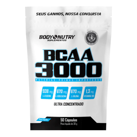 Embalagem branca do suplemento BCAA 3000 Refil da Body Nutry com 50 cápsulas, destacando ingredientes L-leucina, L-isoleucina, L-valina e vitamina B6