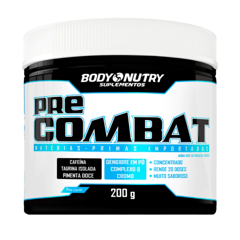 Pote do suplemento pré-treino Pre Combat da Body Nutry com 200g, contendo ingredientes como cafeína, taurina isolada, pimenta doce, gengibre em pó, complexo B e cromo, indicado para energia e desempenho explosivo durante treinos