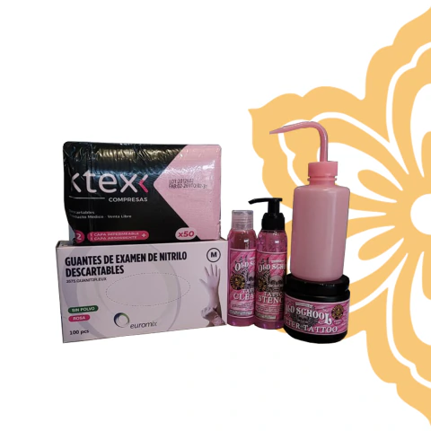 kit insumos para tatuar color rosa, tiene guantes de nitrilo, campos, piseta, butter, stencil y cleaner