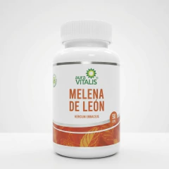 Frasco blanco de suplemento Melena de León de Aura Vitalis con diseño de etiqueta naranja y verde