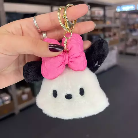 Llavero cabeza peluche osito blanco con moño rosa y orejas negras