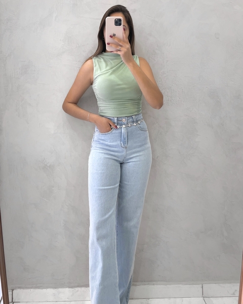 Calça Wide Leg Lycra - Lavagem Clara - comprar online