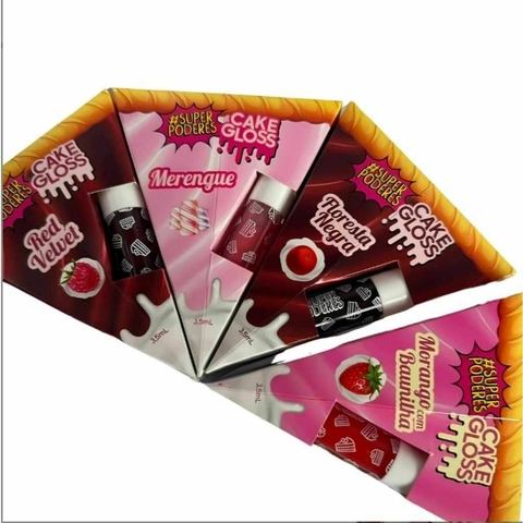 Gloss cake Super poderes Cores: floresta negra, pudim de caramelo e red velvet