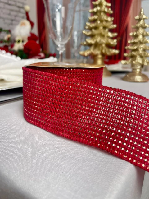 Fita Juta Vermelha c/ Fio Metalizado 6,3cm x 9,14m