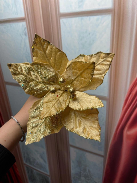 Flor dourada de veludo e glitter 23cm