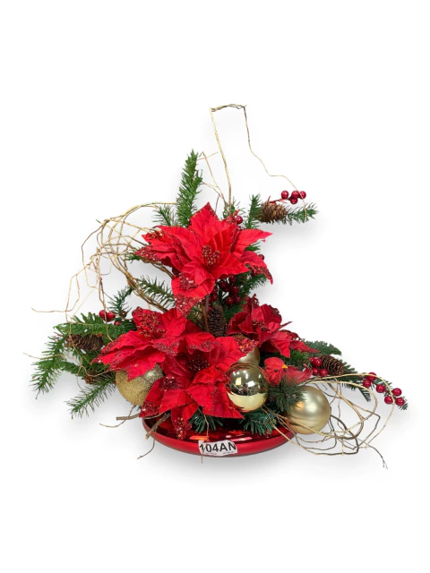 Arranjo de Natal na base vermelha c/ flores e bolas