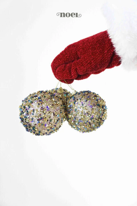 Bola decorada Natal paetê/pedraria dourado/furta-cor - 8cm c/3