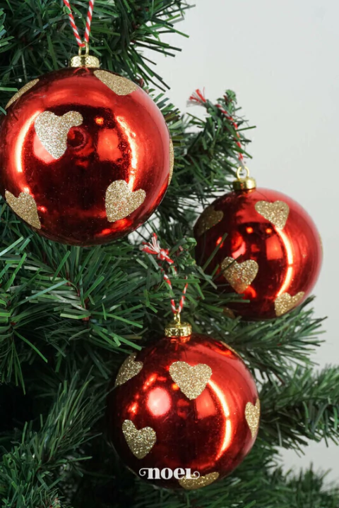 Bola decorada Natal corações dourado/vermelho - 10cm c/3