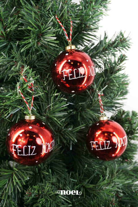 Bola decorada Feliz Natal poá vermelho/branco - 8cm c/3