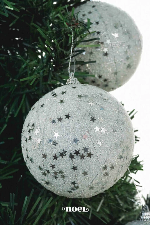 Bola decorada Natal estrelas/glitter prata - 10cm c/3
