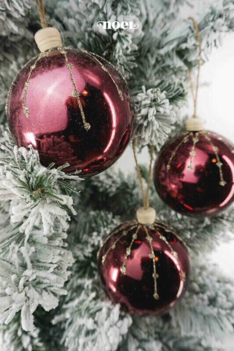 Bola decorada Natal c/ detalhes em glitter bordô/dourado - 10cm c/3