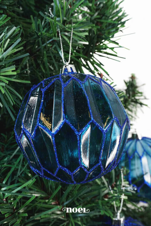 Bola decorada Natal texturizada azul - 10cm c/3