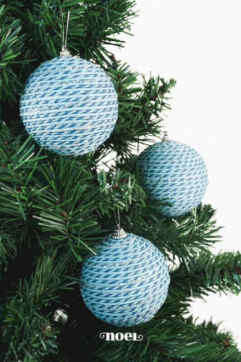 Bola decorada Natal c/ listras azul claro/ azul escuro/glitter - 10cm c/3