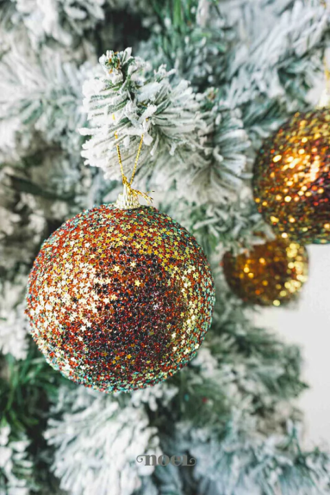 Bola decorada Natal paetê dourado/vermelho - 10cm c/3