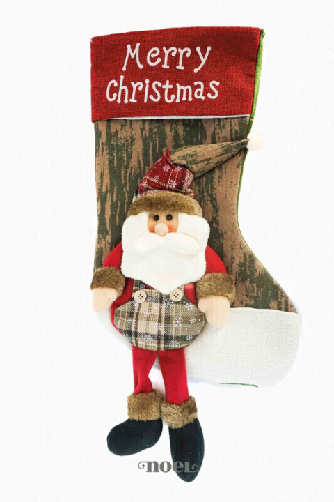 Meia Decorativa Natal c/ Papai Noel Vermelho/Verde/ Nude - 45cm