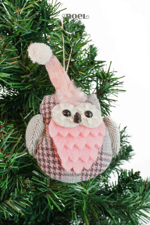 Pendente coruja tecido xadrez rosa/cinza - 20cm c/1