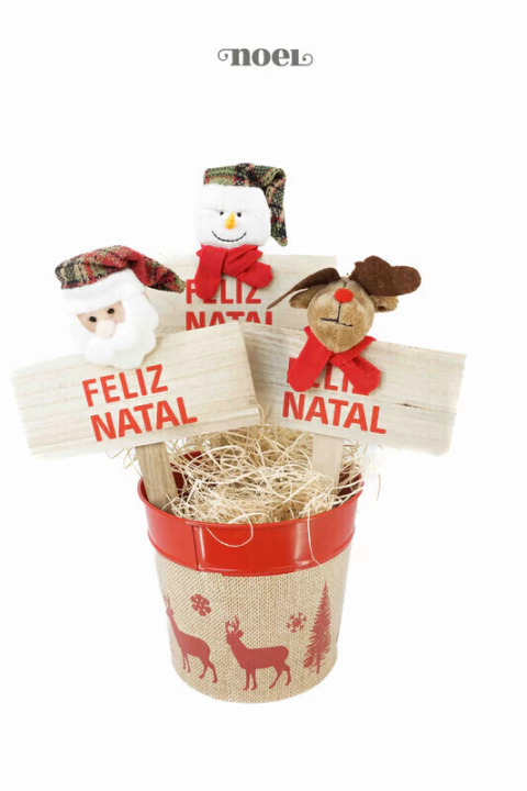 Placa Feliz Natal Rena/Papai Noel/Boneco de Neve Branco/Vermelho/Marrom - 24cm c/3