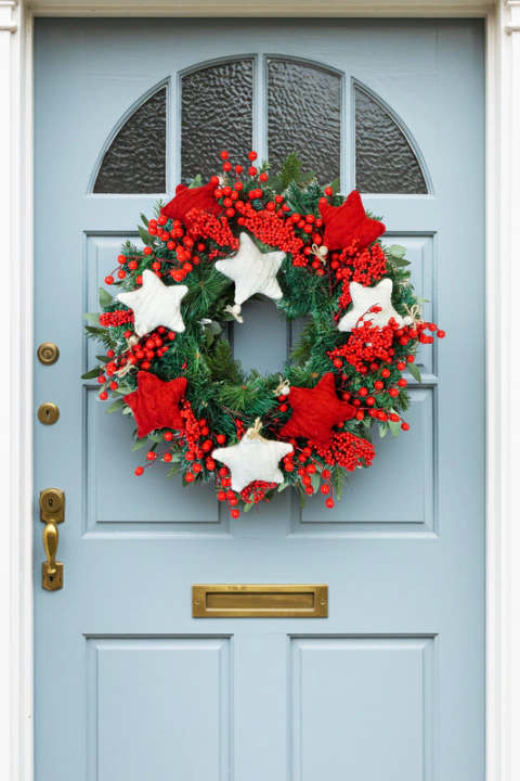 Guirlanda Decorada Berries/Estrelas Tricô Vermelho/Branco - 45cm - comprar online