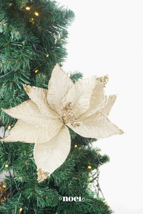Flor natalina poinsettia tecido veludo c/ glitter/paetê champanhe/dourado - 45cm c/1 - comprar online