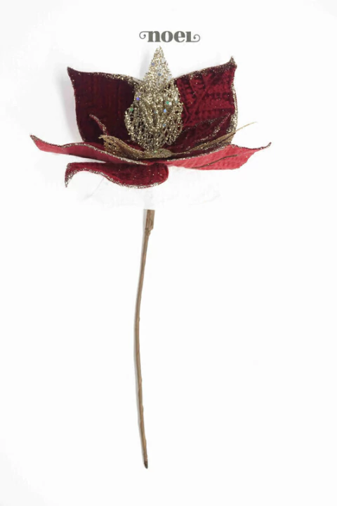 Flor natalina poinsettia tecido veludo c/ glitter bordô/dourado - 42cm c/1
