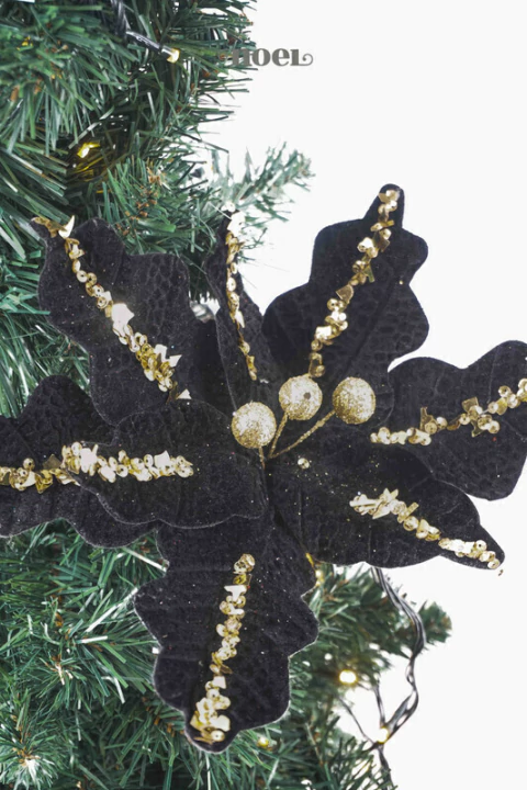 Flor natalina poinsettia tecido veludo c/ patê preto/dourado - 45cm c/1 - comprar online