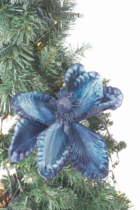 Flor natalina poinsettia tecido veludo c/ glitter azul escuro - 28cm c/1 - comprar online