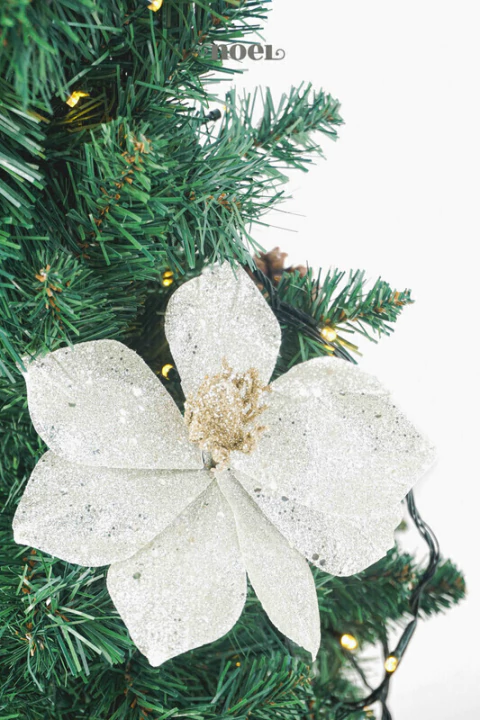 Flor natalina poinsettia tecido c/ glitter prata - 20cm c/1 - comprar online