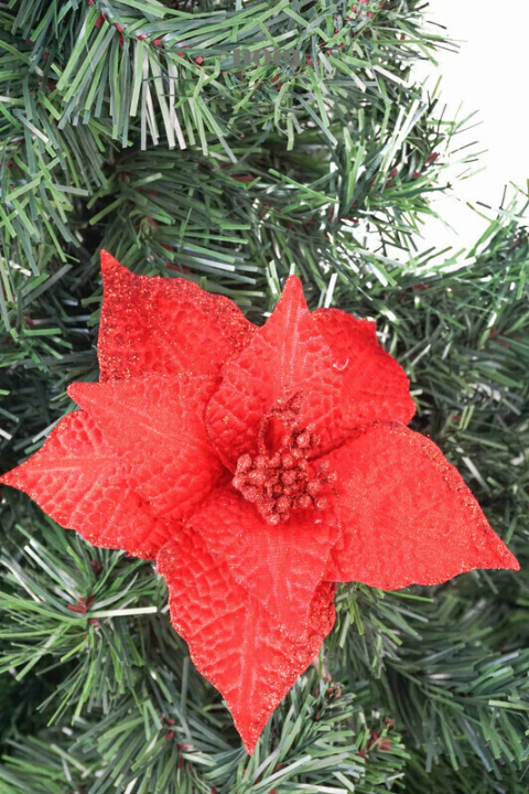 Flor natalina poinsettia tecido veludo c/ glitter vermelho - 25cm c/1 - comprar online