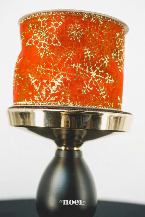 Fita Natal aramada organza c/ flocos de neve glitter vermelho/dourado - 6,3cmx9,14m c/1