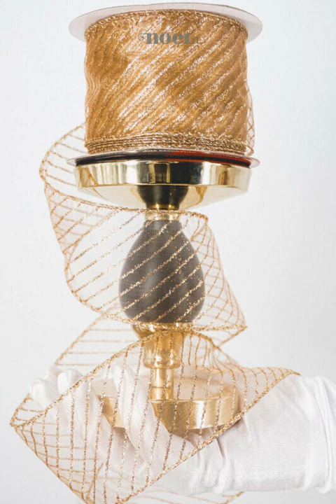 Fita Natal aramada organza c/ listras glitter cobre - 6,3cmx9,14m c/1