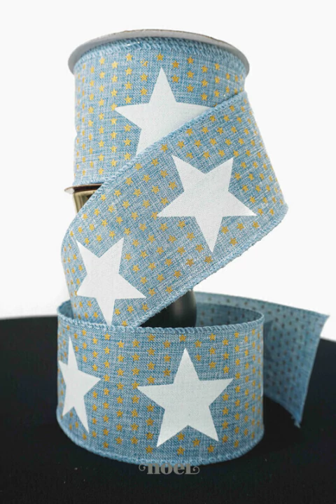 Fita aramada poliéster c/ estrelas azul/branco/dourado - 6,3cmx9,14m c/1