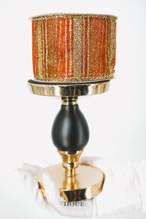 Fita Natal aramada organza c/ listras glitter dourado/vermelho - 6,3cmx9,14m c/1