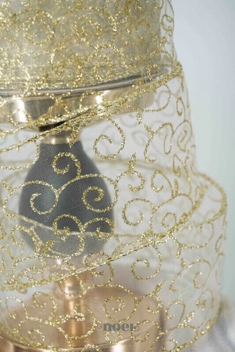 Fita Natal aramada organza c/ detalhes glitter dourado - 6,3cmx9,14m c/1