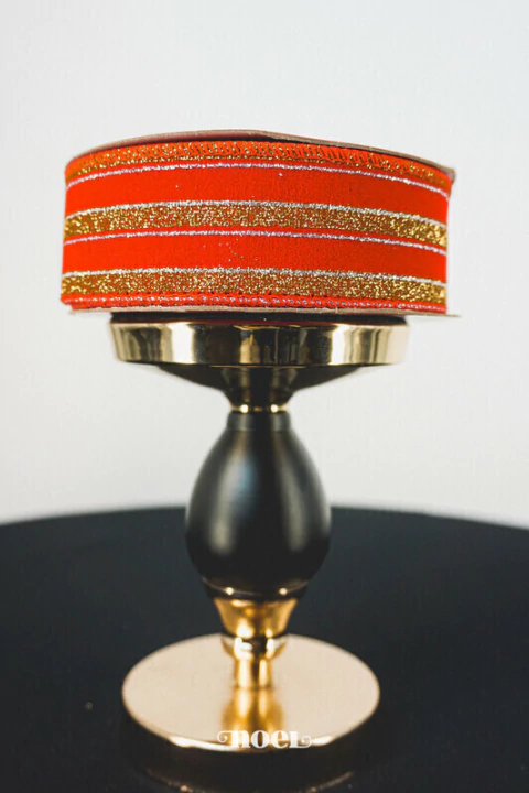 Fita Natal aramada veludo c/ listras glitter vermelho/dourado/prata - 3,8cmx9,14m c/1