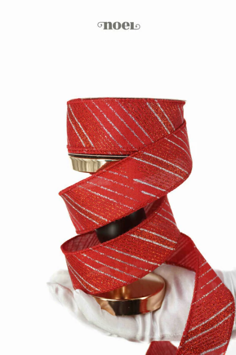 Fita Natal aramada poliéster detalhes c/ glitter vermelho/prata - 3,8cmx9,14m c/1