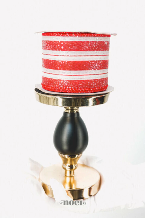 Fita Natal aramada poliéster c/listras nevada vermelho/branco - 6,3cmx9,14m c/1