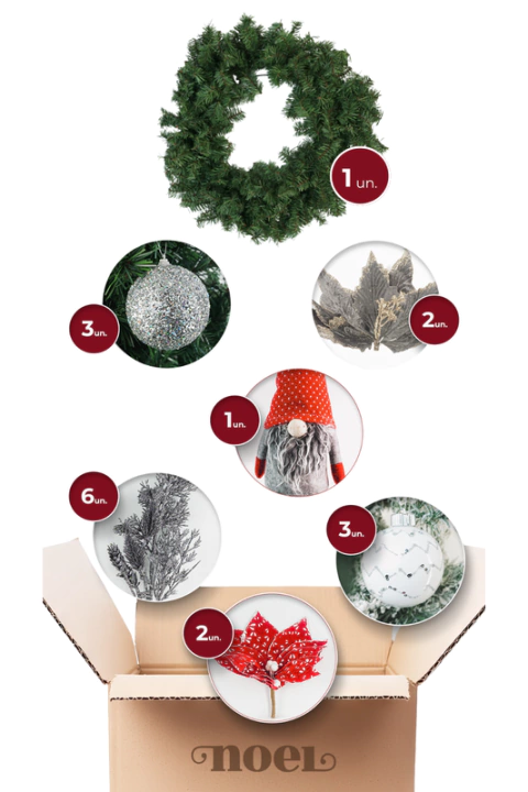 Kit Enfeites + Guirlanda Noel Escandinavo Vermelho/Prata/Branco - 60cm