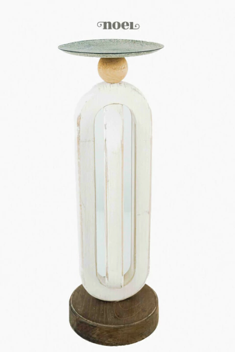 Castiçal madeira/metal branco/nude - 31cm c/1