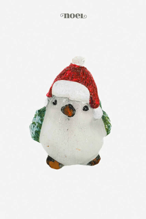 Passáro Natal c/ gorro resina branco/vermelho - 12cm