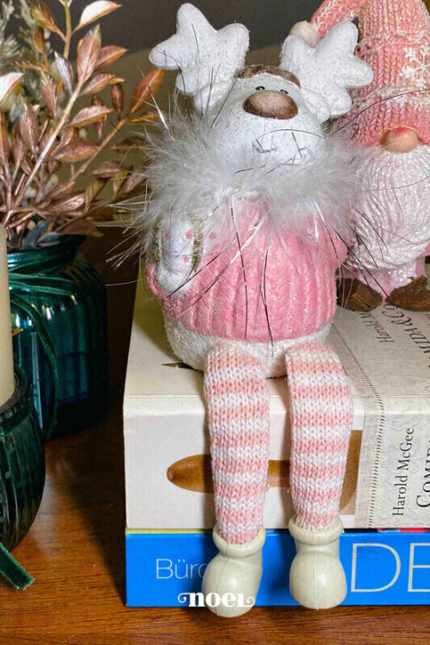 Rena sentada tecido/resina rosa/branco - 20cm