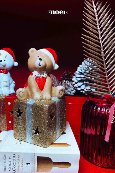 Urso natalino c/ caixa presente vermelho/dourado - 19cm