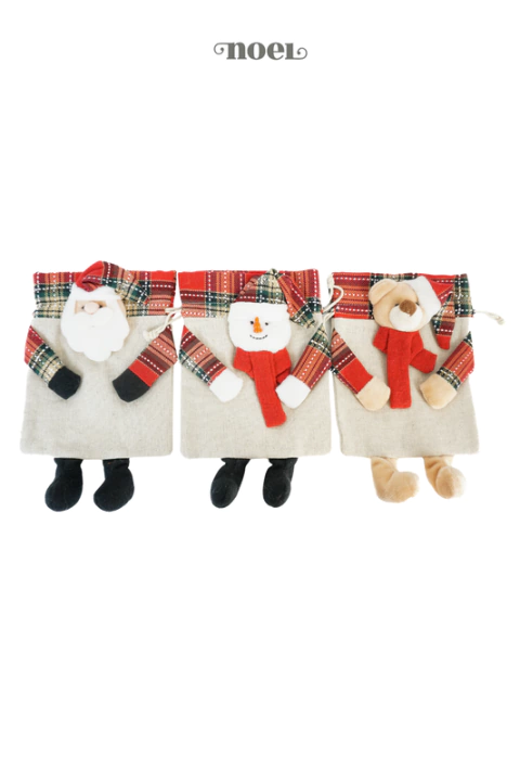 Kit Saquinho Decorativo Papai Noel/Urso/Boneco de Neve Nude/Vermelho - 22cm c/3