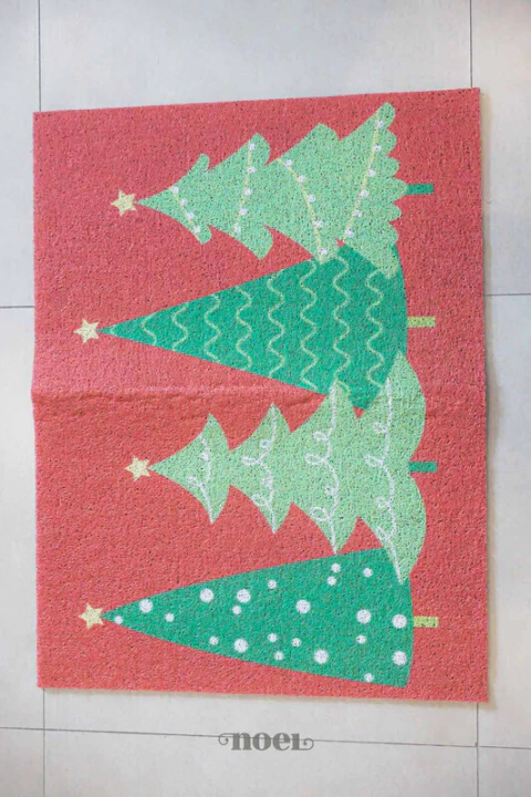 Tapete Natalino Emborrachado c/ Árvores Vermelho/Verde - 80cmx60cm