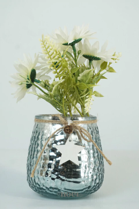 Vaso Vidro texturizado c/ Cordão de Juta/Estrela Azul - 10cm