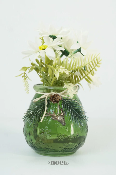 Vaso Vidro c/ Flocos de Neve/Rena Verde - 11cm