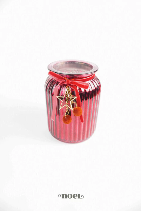 Vaso vidro texturizado c/ laço vermelho - 15cm c/1