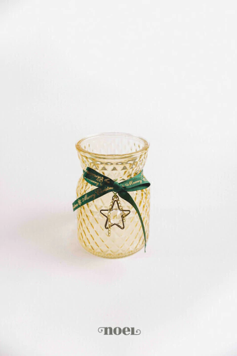 Vaso vidro texturizado c/ laço Merry Christmas dourado/verde - 13cm c/1